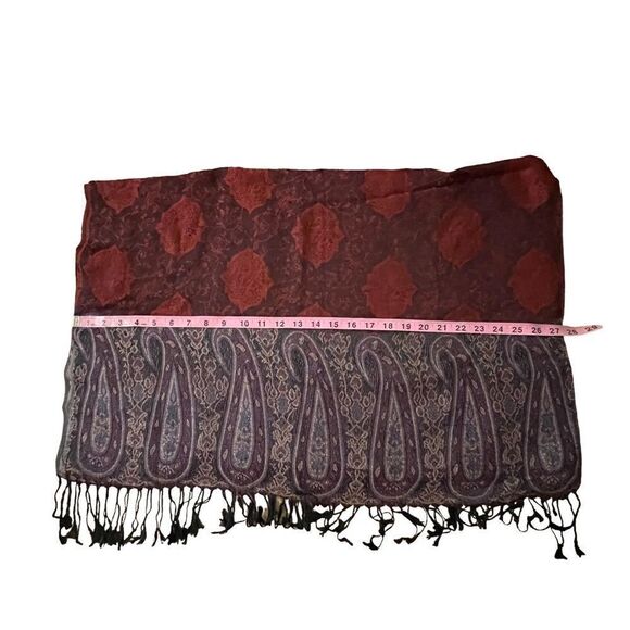 Pashmina Scarf Wrap ~Burgundy, Navy, Grey Paisley Print ~ Fringe end detailing - Picture 3 of 8